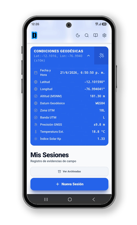 Captura de la app: panel de Condiciones Geodésicas con los datos de la sesión